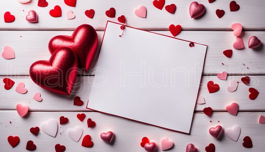 Valentine's Glitter Hearts Flat Lay with Blank Paper Space