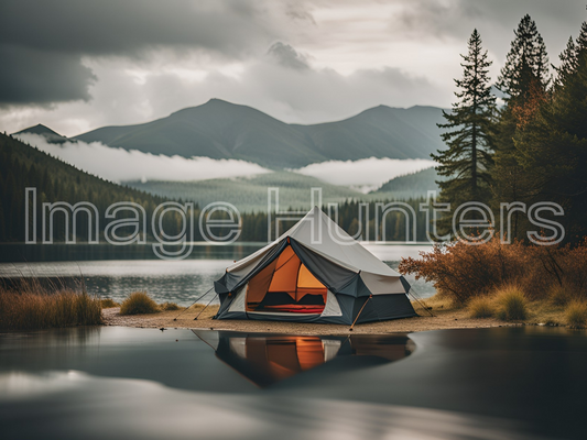 Vintage Tent by the Lake, and Cloudy Mountains