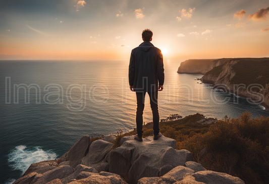 Man on cliff edge gazes at sea under vibrant sunset