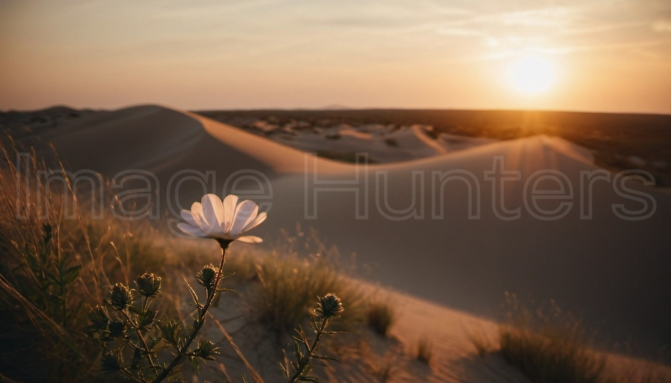 Sunset Over Dunes with Flowers