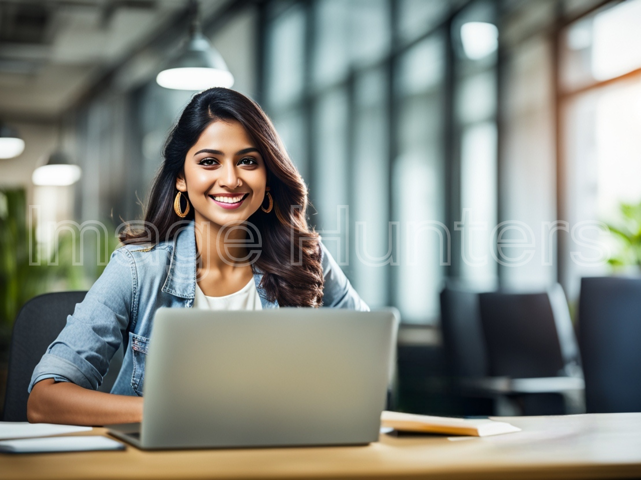 Smiling Indian Woman Working with Laptop in Office