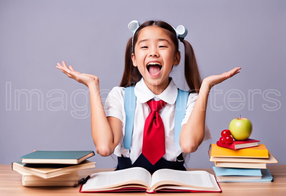 Smiling Schoolgirl Poses with Books in Studio Setting