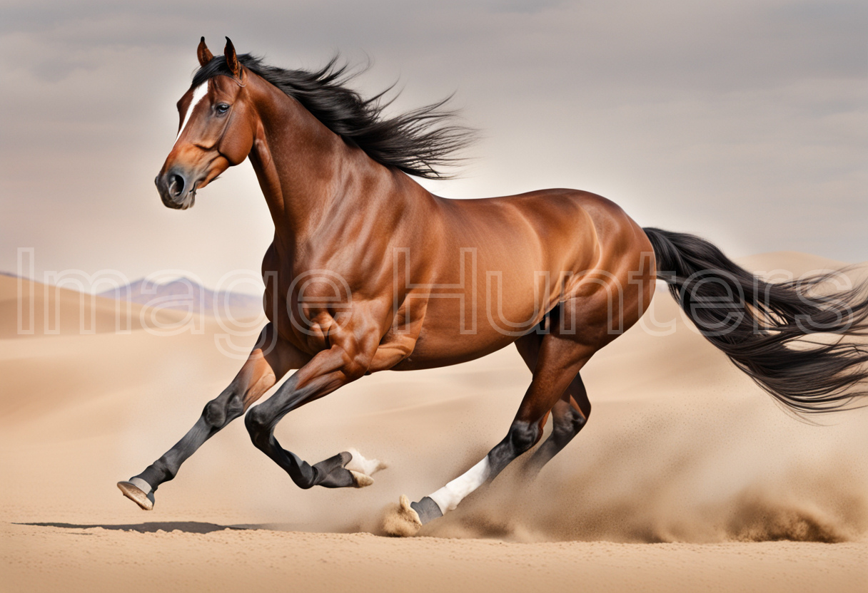 bay horse runs across the desert