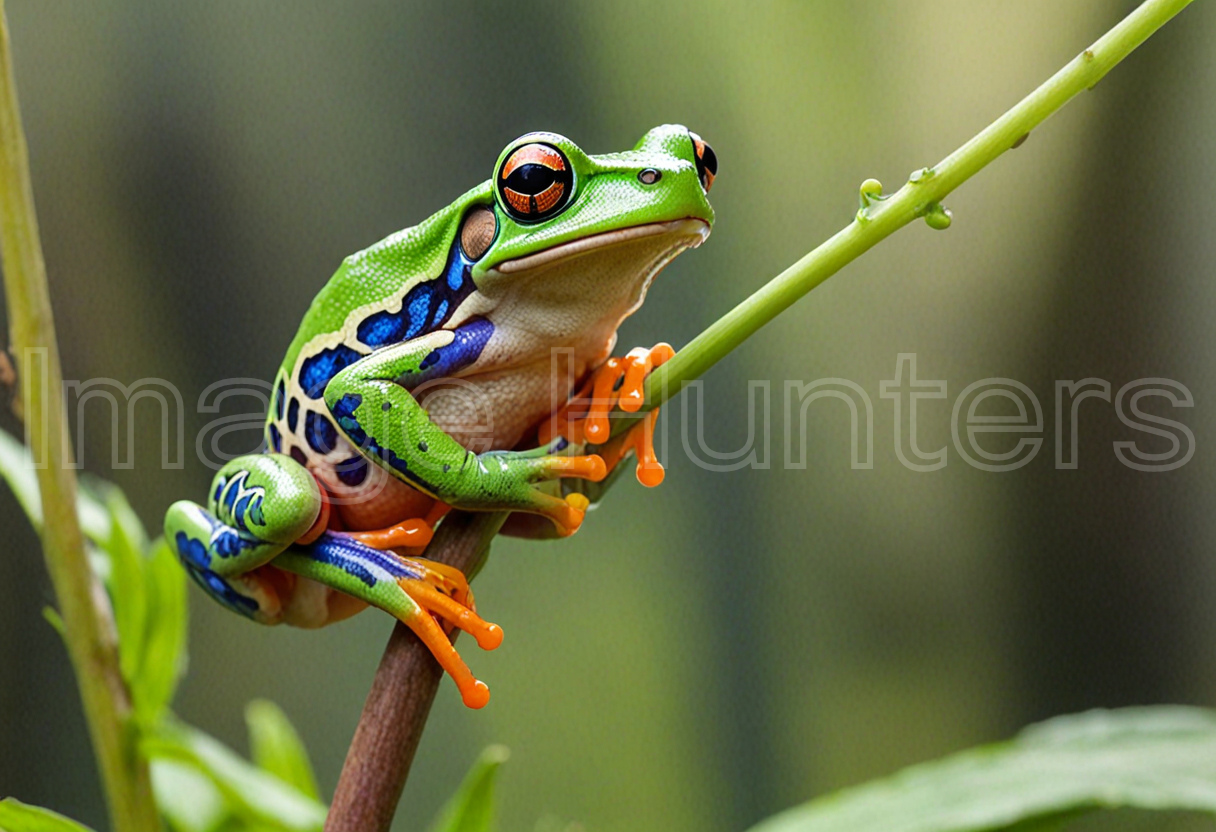 A bright frog perched on a plant stem with a blurred green background.