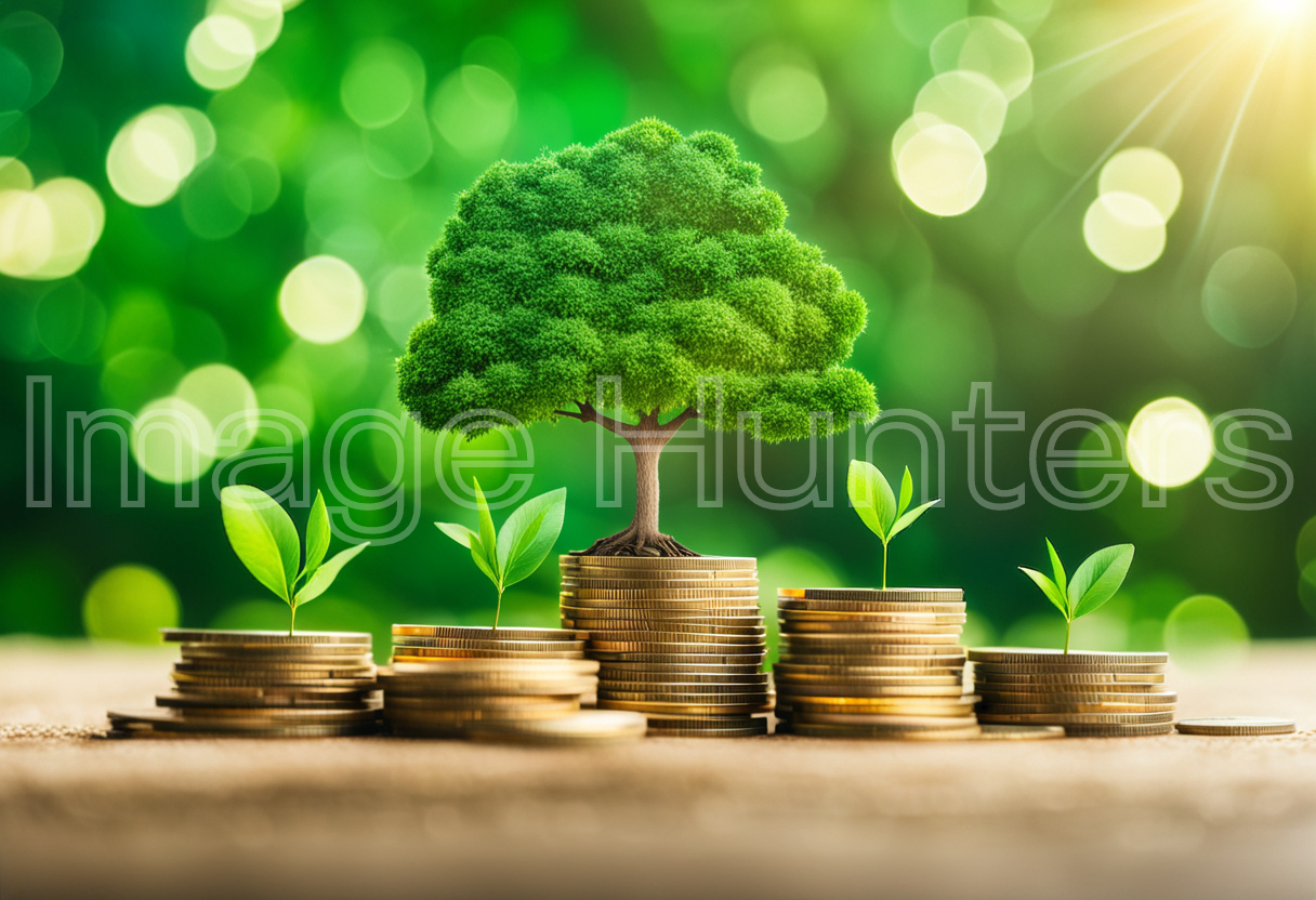 Tree on Coins with Green Background and Sunlight