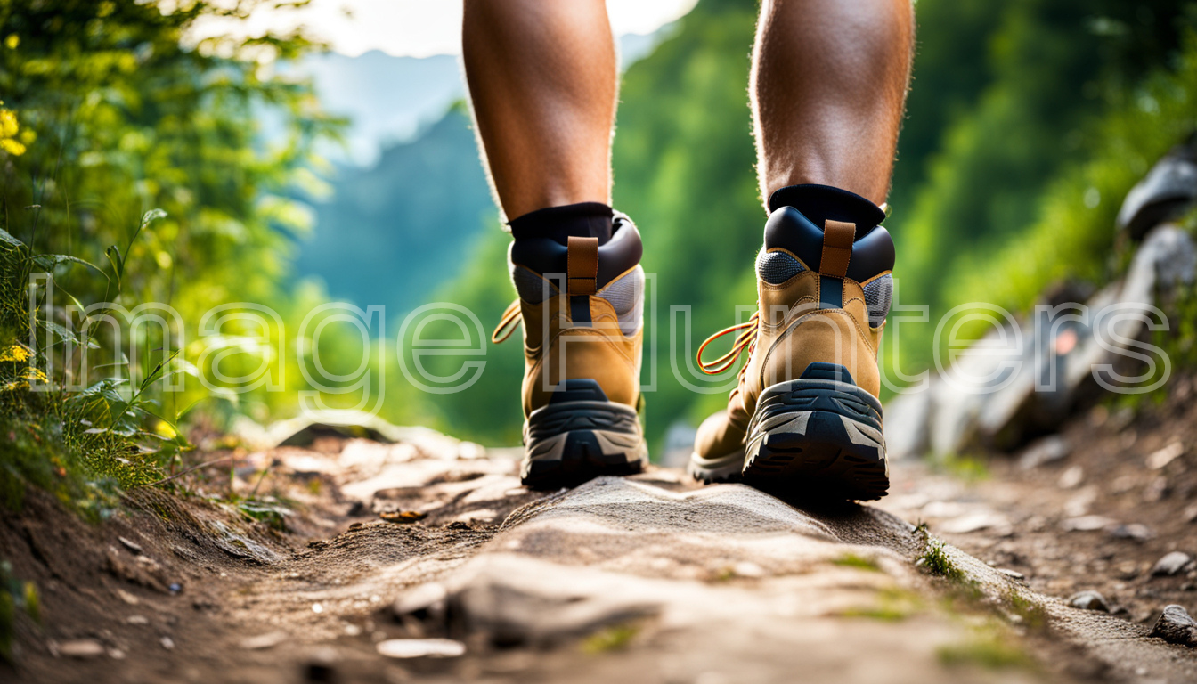 close-up view of traveler's boots on a mountain path