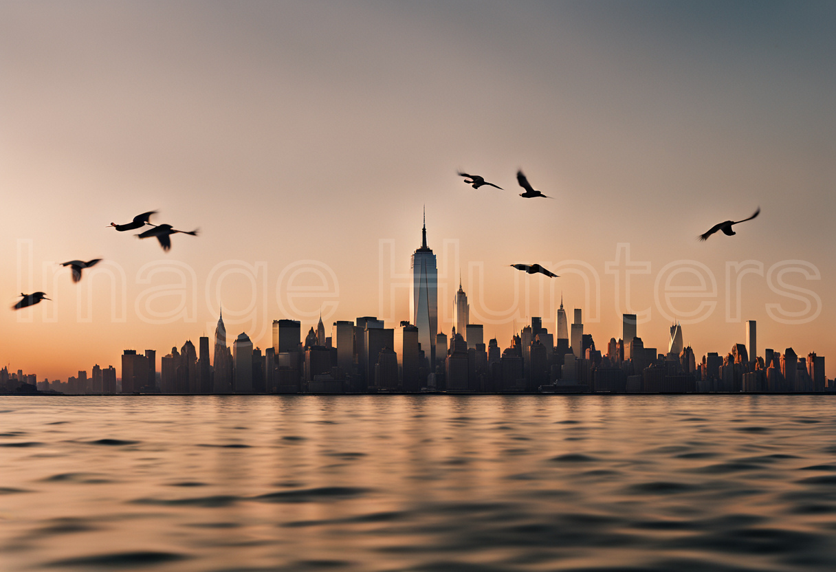 Birds glide over NYC skyline reflected in water at dusk