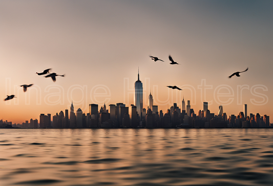 Birds glide over NYC skyline reflected in water at dusk