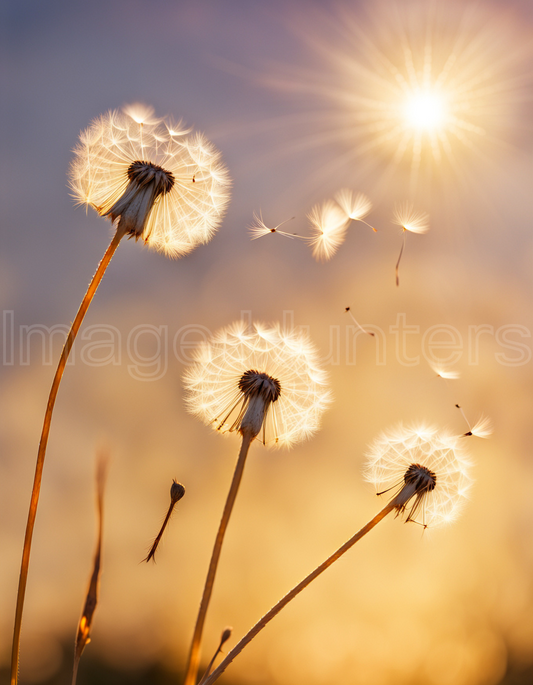 Dandelion seeds drifting in sunlight