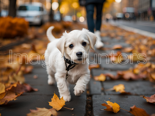 White puppy going for a walk in Autumn