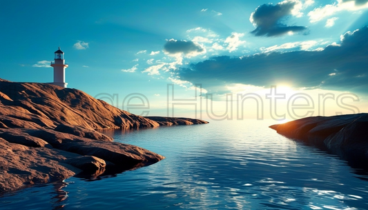 Lighthouse by River at Sunset with Blue Sky