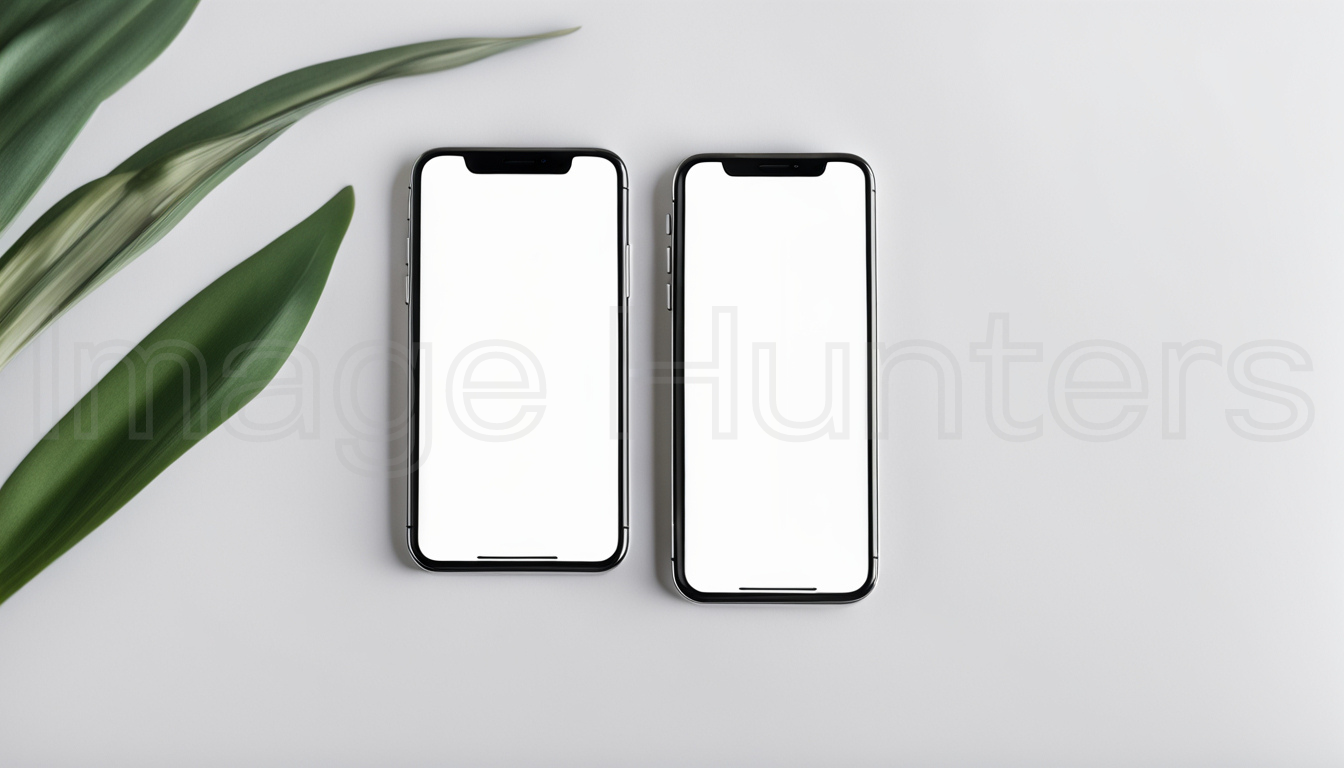 Two smartphone mockups with white blank screens captured in top view