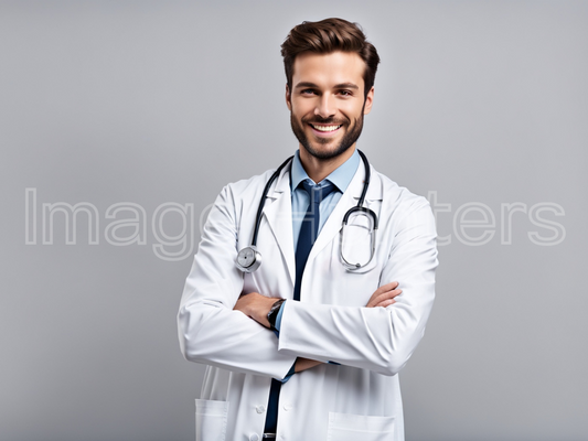 Smiling male doctor with folded arms in studio background