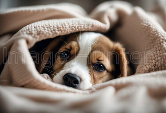 puppy curled up under a soft blanket