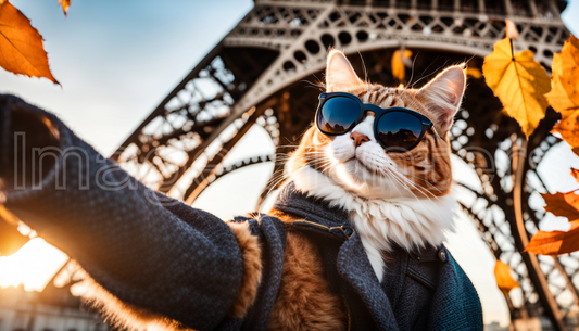 A stylish cat in sunglasses poses with Eiffel Tower backdrop