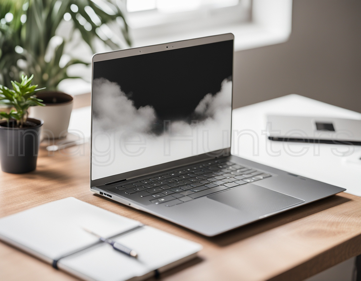 Unveiling Laptop on Workstation Desk with Potted Plant