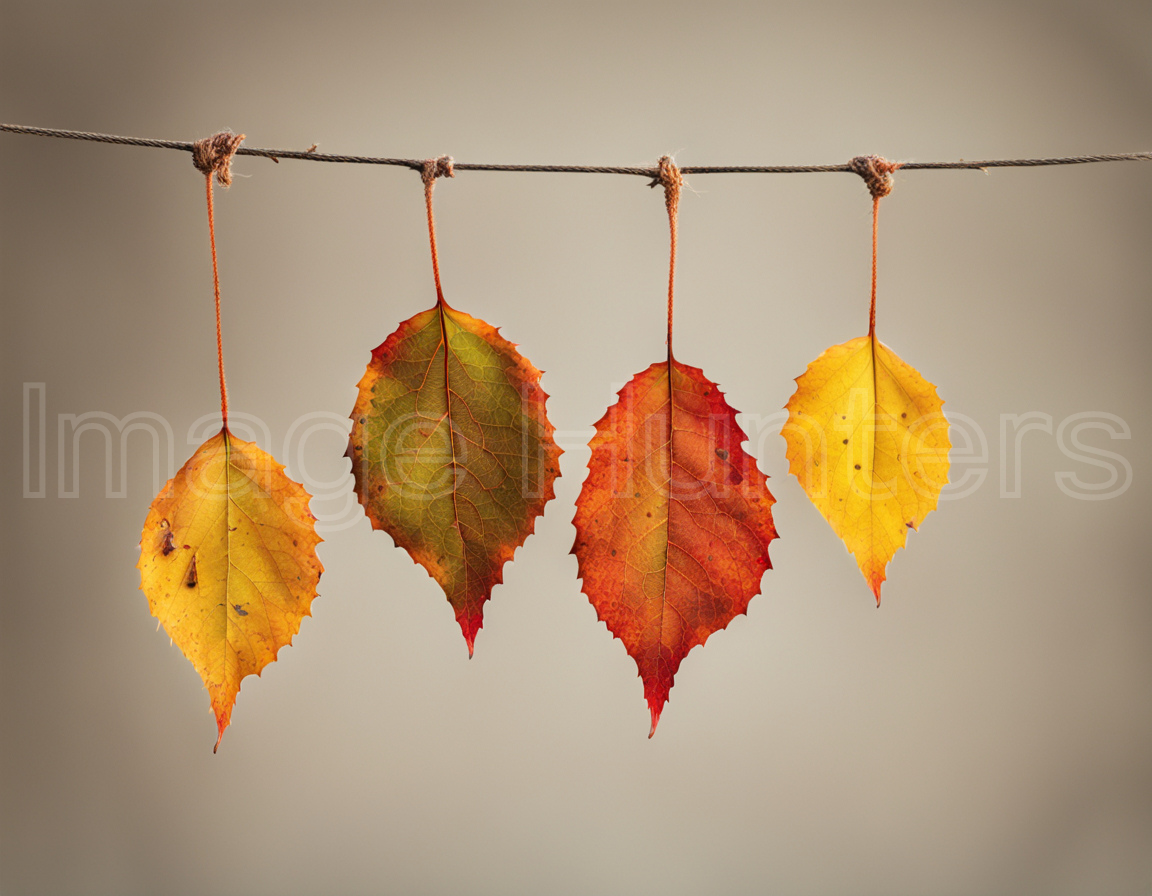 Colorful autumn leaves delicately suspended by threads