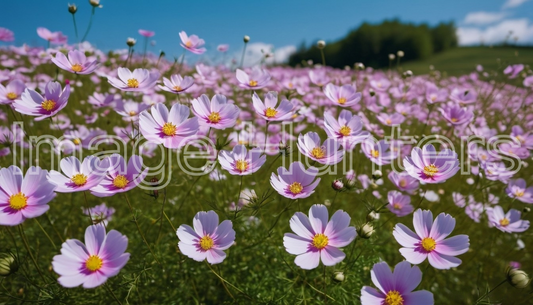 Cosmo Flower Meadow with Blue Sky Background