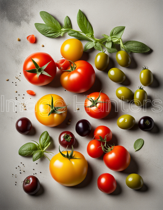 Fresh tomatoes, olives and herbs on a white background