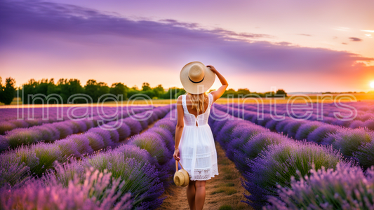 Woman with Straw Hat in Lavender Field at Sunset