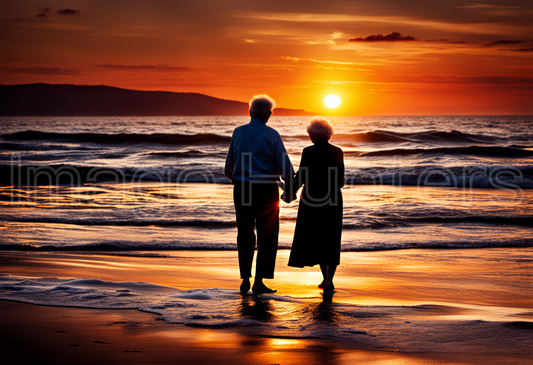 Back view of elderly couple cherishing a sunset on the beach