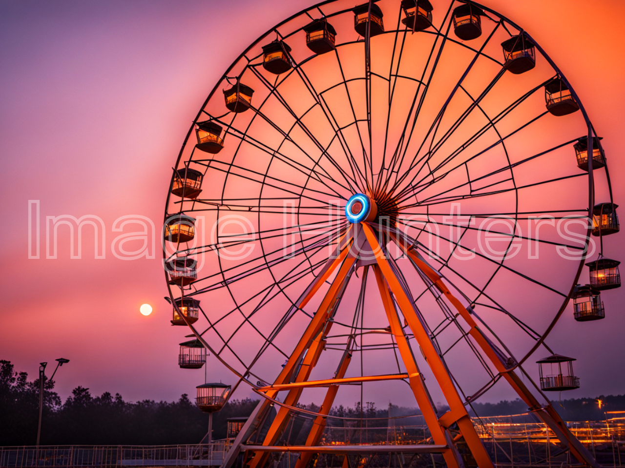 Ferris wheel adorned by the warm hues of a vibrant sunset