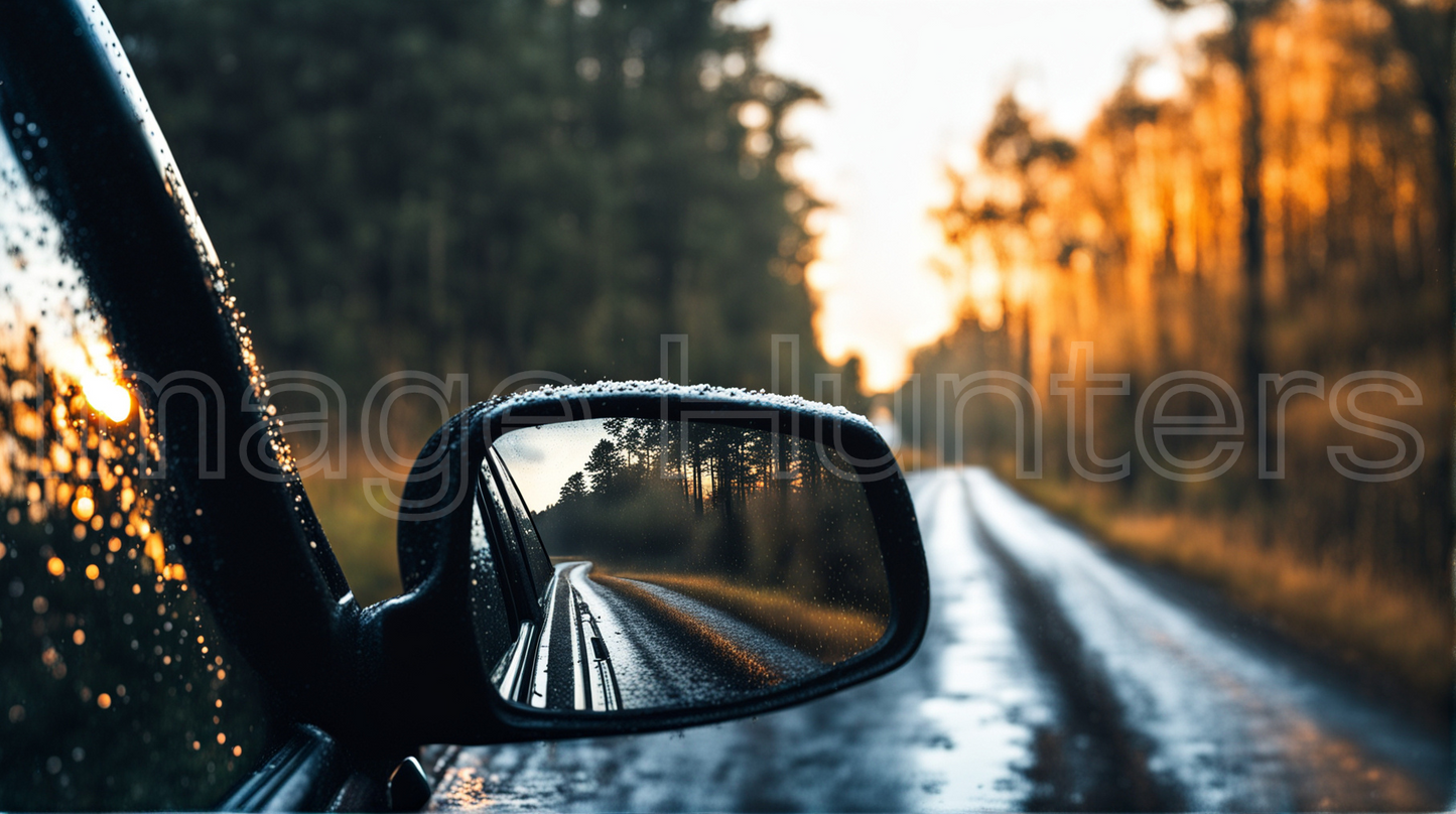 Sunset Reflection in Car Mirror on Wet Road