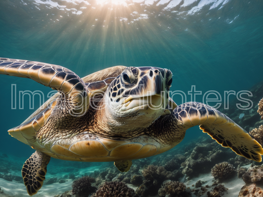 Green Turtle Among Vibrant Coral in Crystal Waters