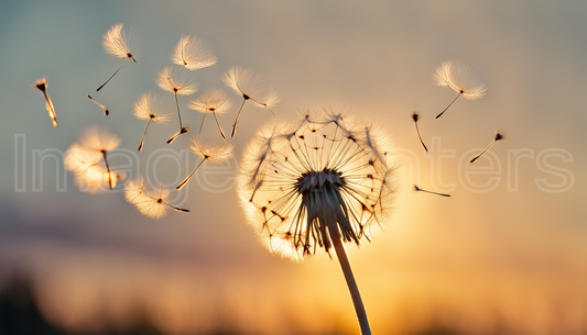 Dandelion seeds drifting in sunlight