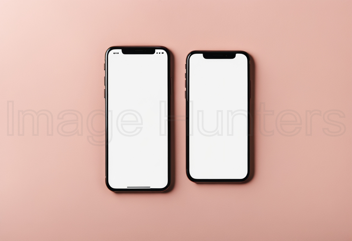 Two smartphone mockups with white blank screens captured in top view