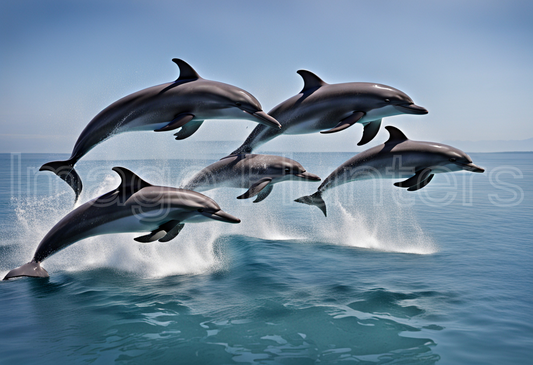 Dolphins in perfect synchronization leap gracefully out of the water