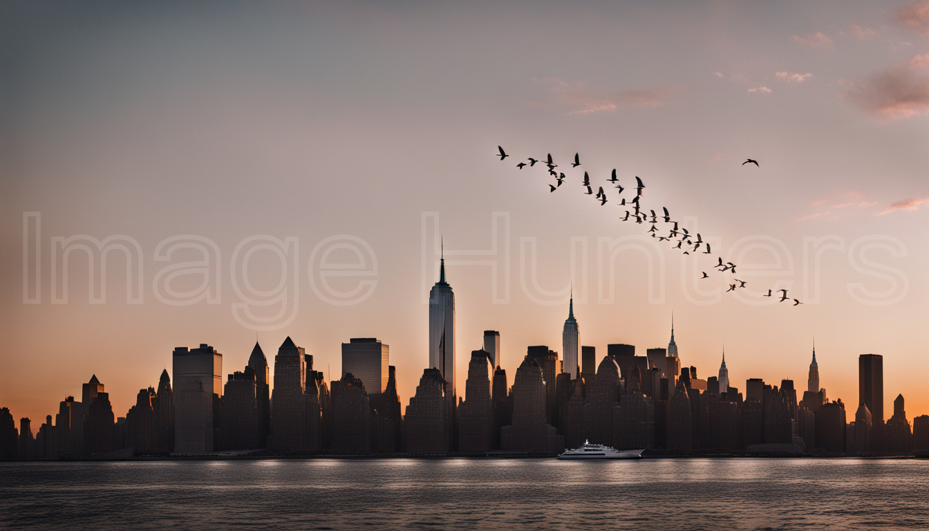 Birds glide over NYC skyline reflected in water at dusk