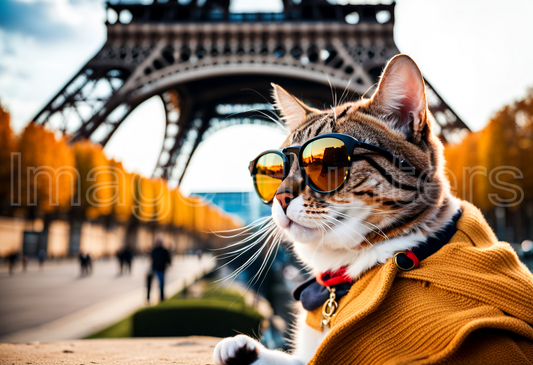 A stylish cat in sunglasses poses with Eiffel Tower backdrop