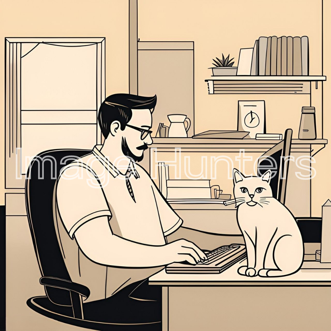 Man working with cat in minimalist home office sketch