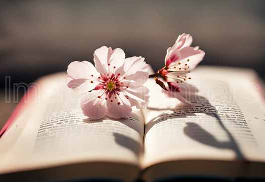 cherry blossom rests gracefully on open book pages