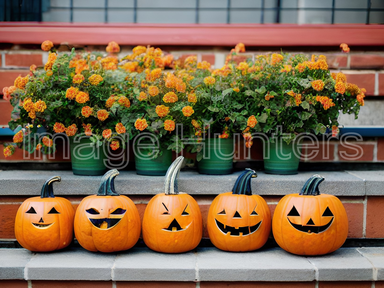 Pumpkin-faced decorations on stair steps