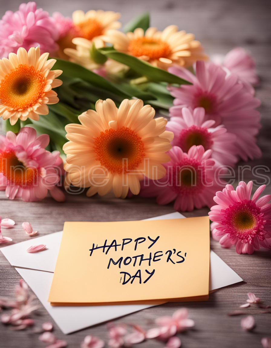 Postcard and flowers on the table, celebrating Happy Mother's Day