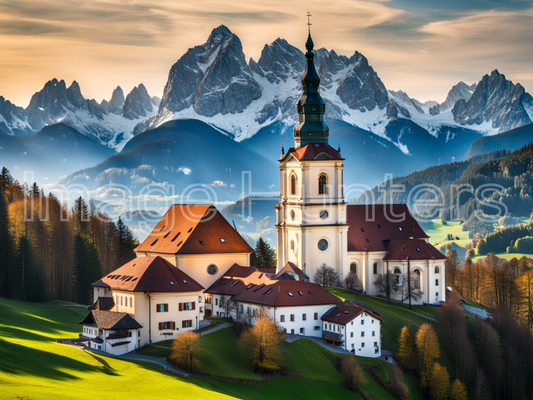 Maria Gern Church and Hochkalter Peak in Bavaria