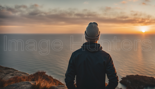 Man on cliff edge gazes at sea under vibrant sunset