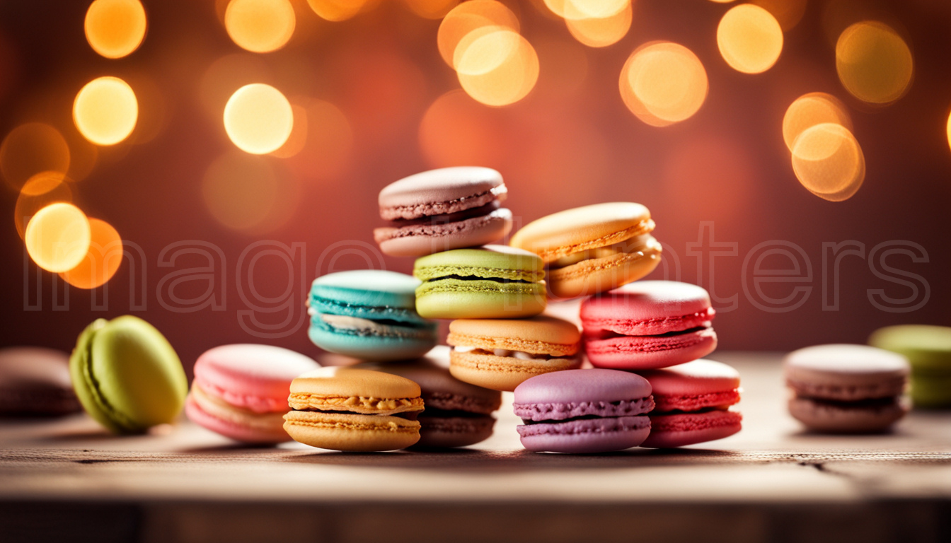 Colorful macarons displayed on rustic wooden surface with bokeh lights