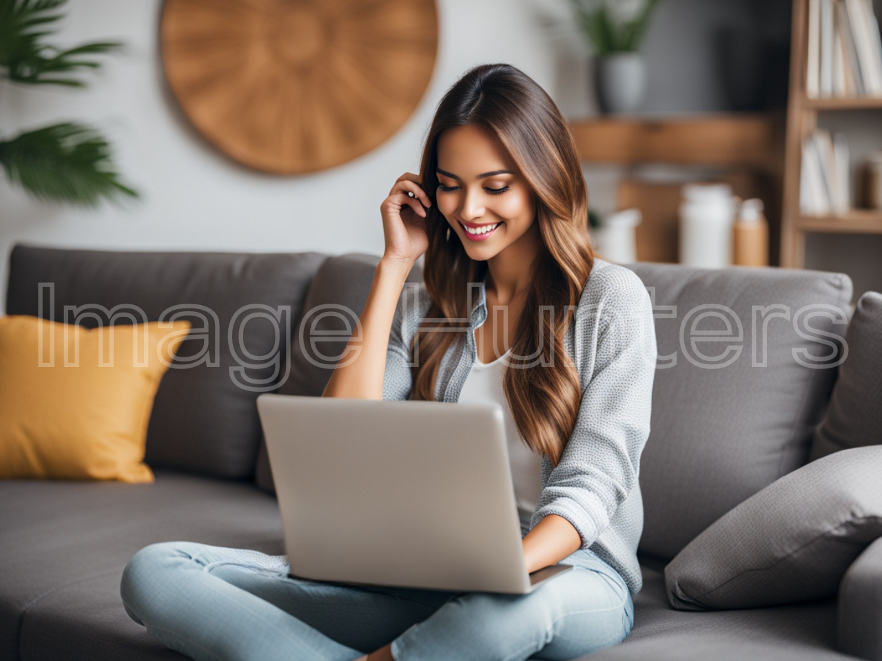 Smiling Woman on Couch with Laptop