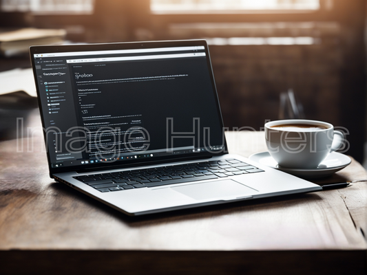 A laptop on a wooden desk alongside a cup of coffee.