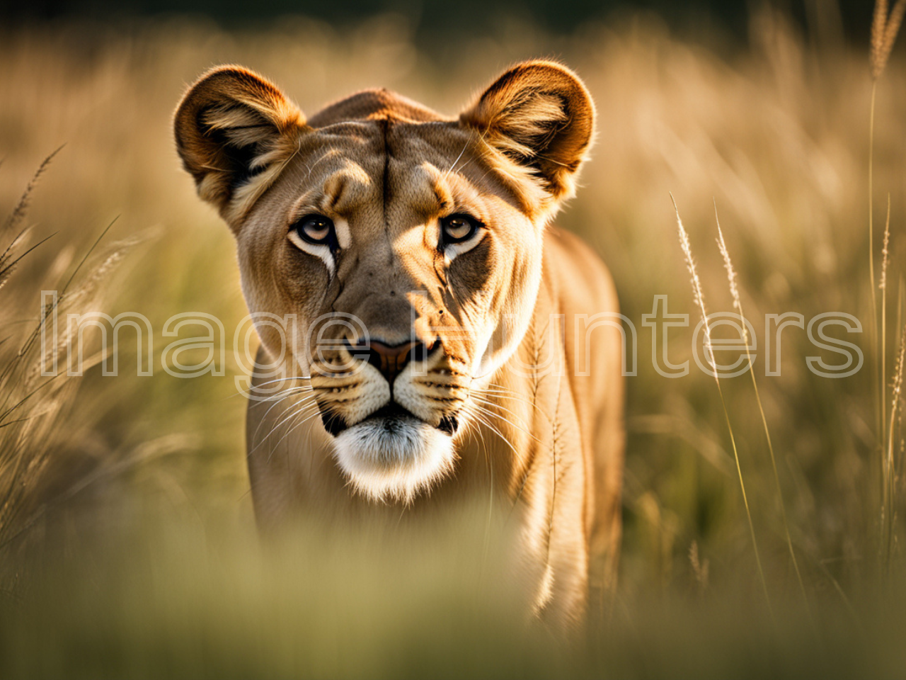 Lioness in Grass Gazing at Camera