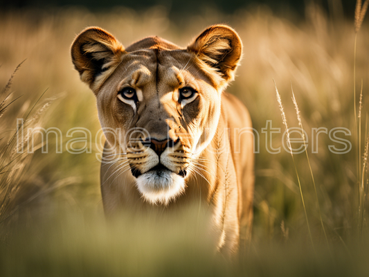 Lioness in Grass Gazing at Camera