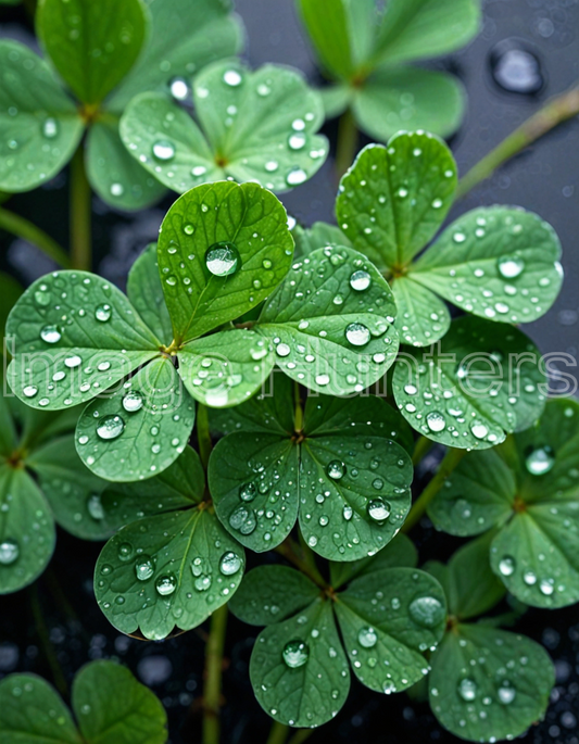 Top View of Clover Leaves with Water Drops