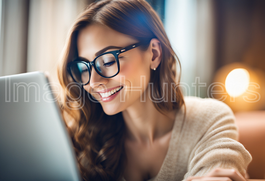 A cheerful woman wearing glasses, working on her laptop with a bright smile