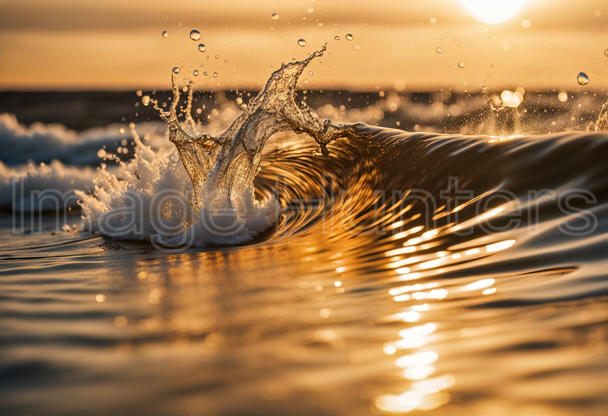 Sunset Wave with Golden Reflections Close-Up Splash