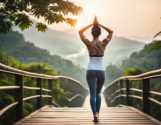 Woman doing yoga on bridge at sunrise