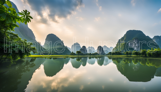 Limestone Peaks Reflecting in Ngo River Valley, Halong Bay