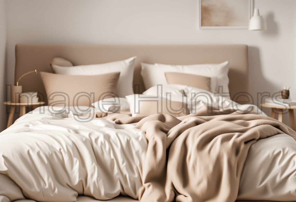 A White Bed with Cozy Beige Cushions